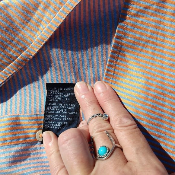 Tommy Hilfiger 80's Two-Ply Cotton Orange/Grey-Blue Striped Button-Down Shirt - Picture 11 of 11